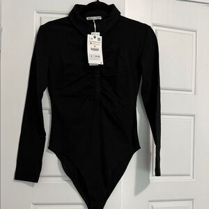 ZARA Black Long-Sleeve Button-Front One-Piece Bodysuit size Medium